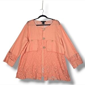 Ali Miles 100% Linen Tunic Size Large Lace Sheer Trim Oversize Jacket